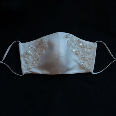 Hand embroidered re-usable, bridal facemask. Four layers of silk Mikado material with floral lace glass beading