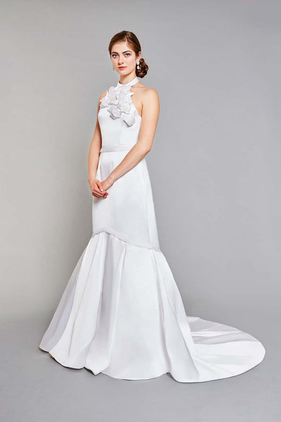Bride wearing white silk halter mermaid wedding dress