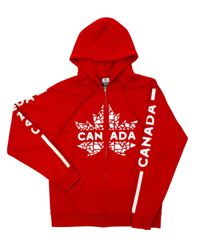 Red hoodie with white maple leaf and 'Canada' text on a white background