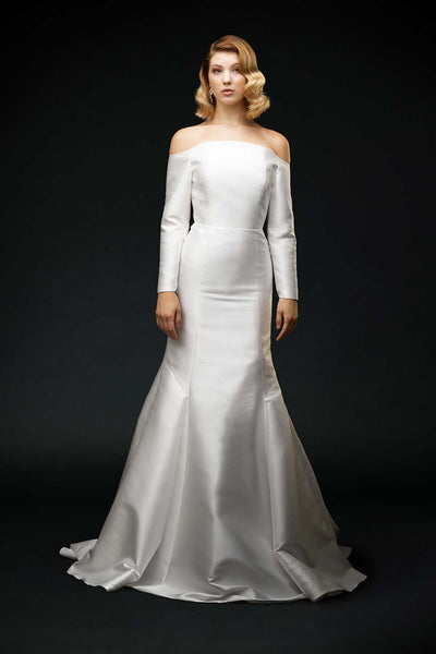 Beautiful silk mikado, off-the-shoulder, wedding dress with a soft puddle skirt train wedding dress front view
